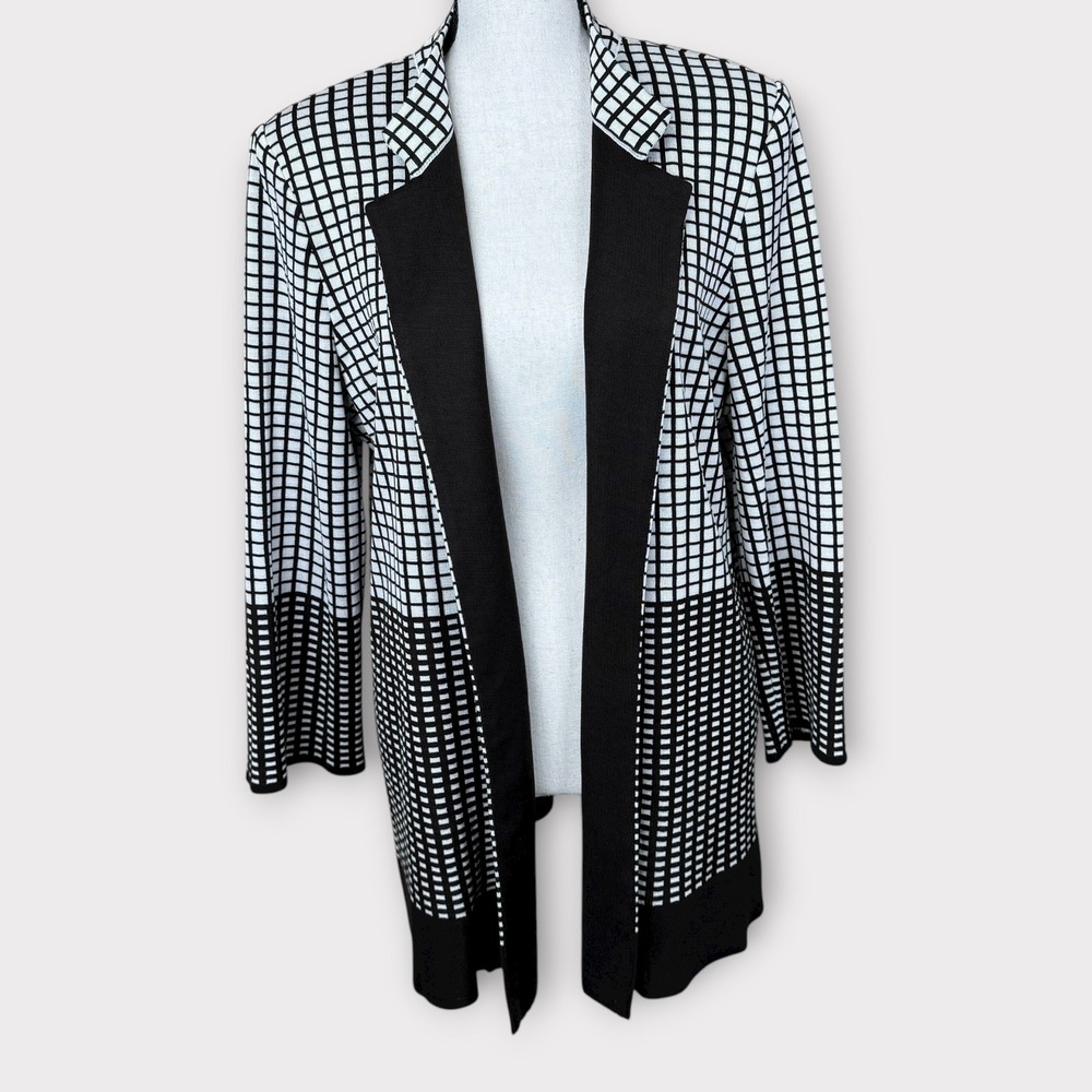 MISOOK Heritage Knit Open Front Jacket Blazer Black White Checkered Womens Large